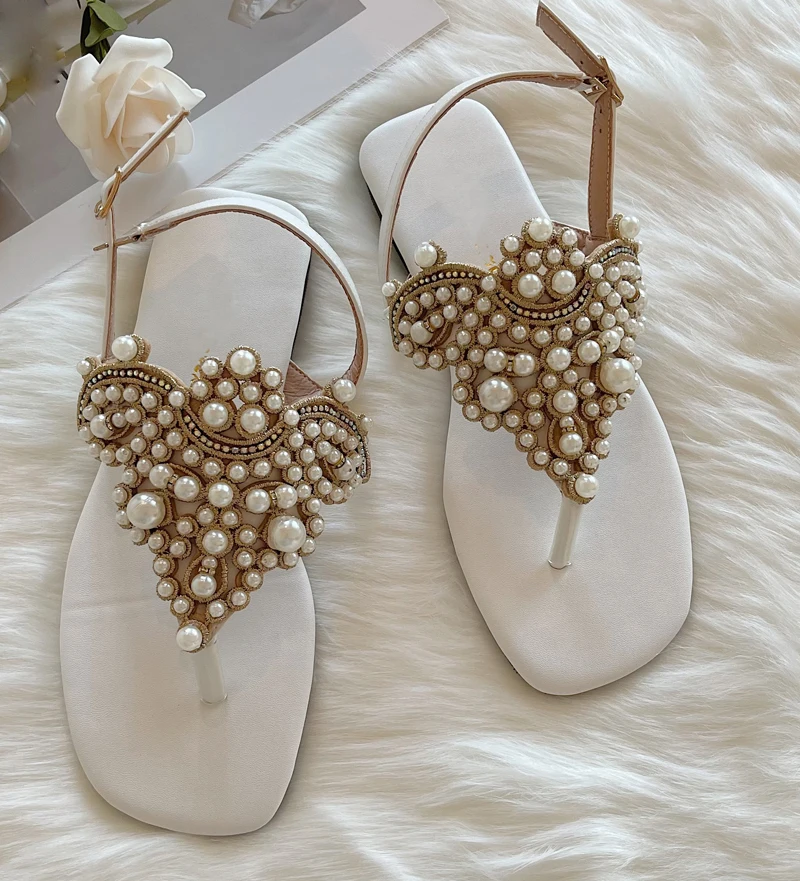 

Black white Leather pearl flower Thong Toe Sandals Summer Leisure Beach Women's Shoes Pearl beading T=strap flat sandalias