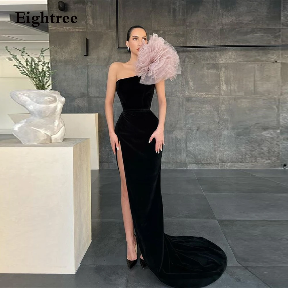 

Eightree Black Velour Mermaid Long Side Slit Evening Dresses Prom Dress One Shoulder Pink Flower Formal Party Gowns Graduation