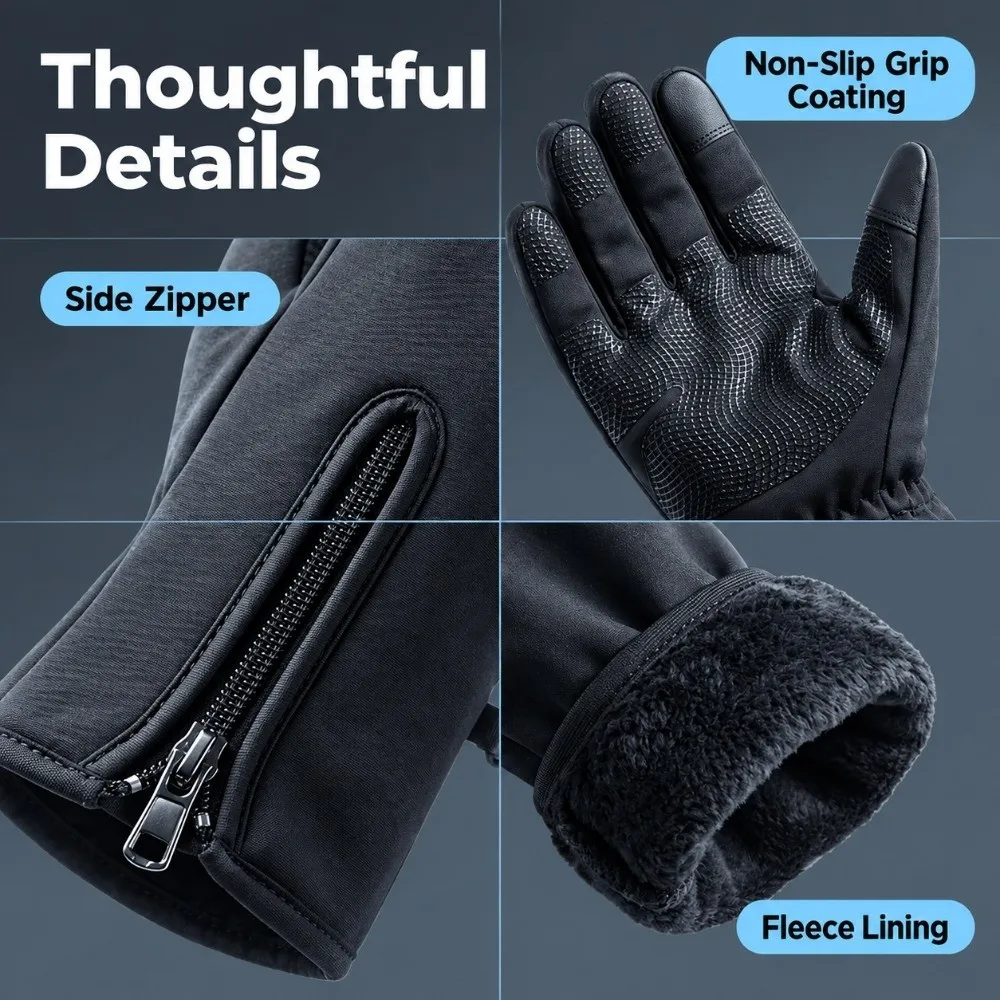 Waterproof Men's Black Winter Gloves Touch Screen with Zipper Thermal Cycling Gloves Windproof Elastic Cuff Winter Sports Gloves