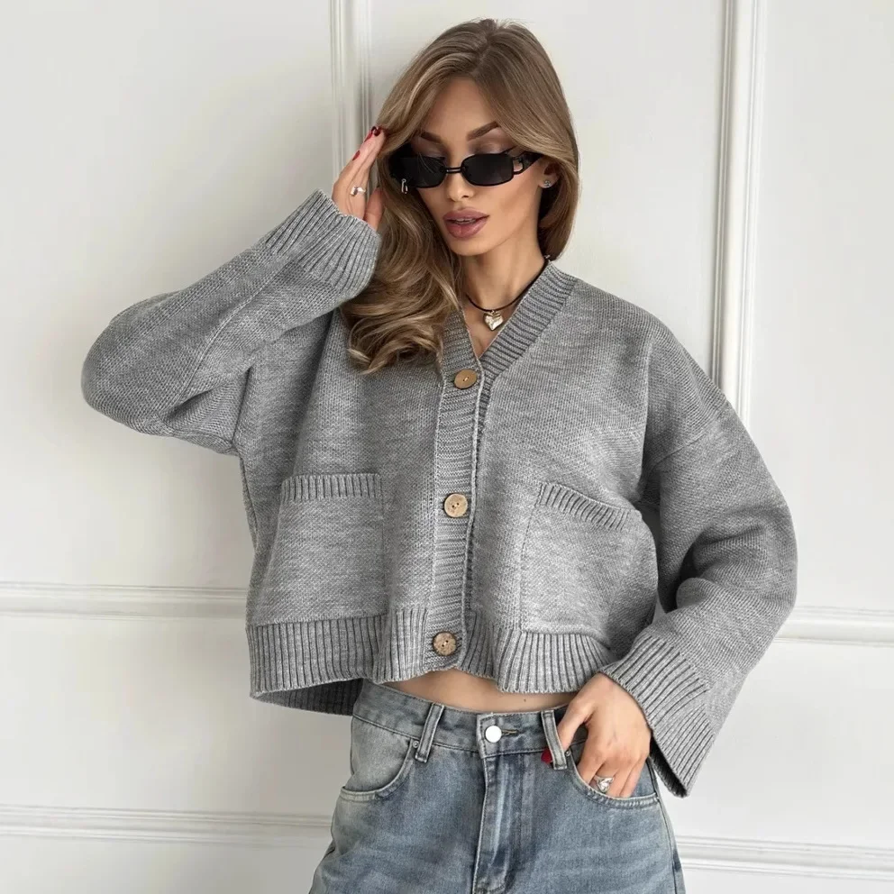 

Women Sweaters Cardigan Knitted V NeckFull Sleeve Jumpers Streetwear Elegant KnitCasual Loose Coat Autumn Winter