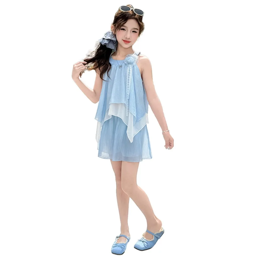 

3D Rose Flower Ruffles Shorts Dress Camisole Top Sleeveless Children Beach Dress Korean Style Ruffled Girls Blue Flower Skirt