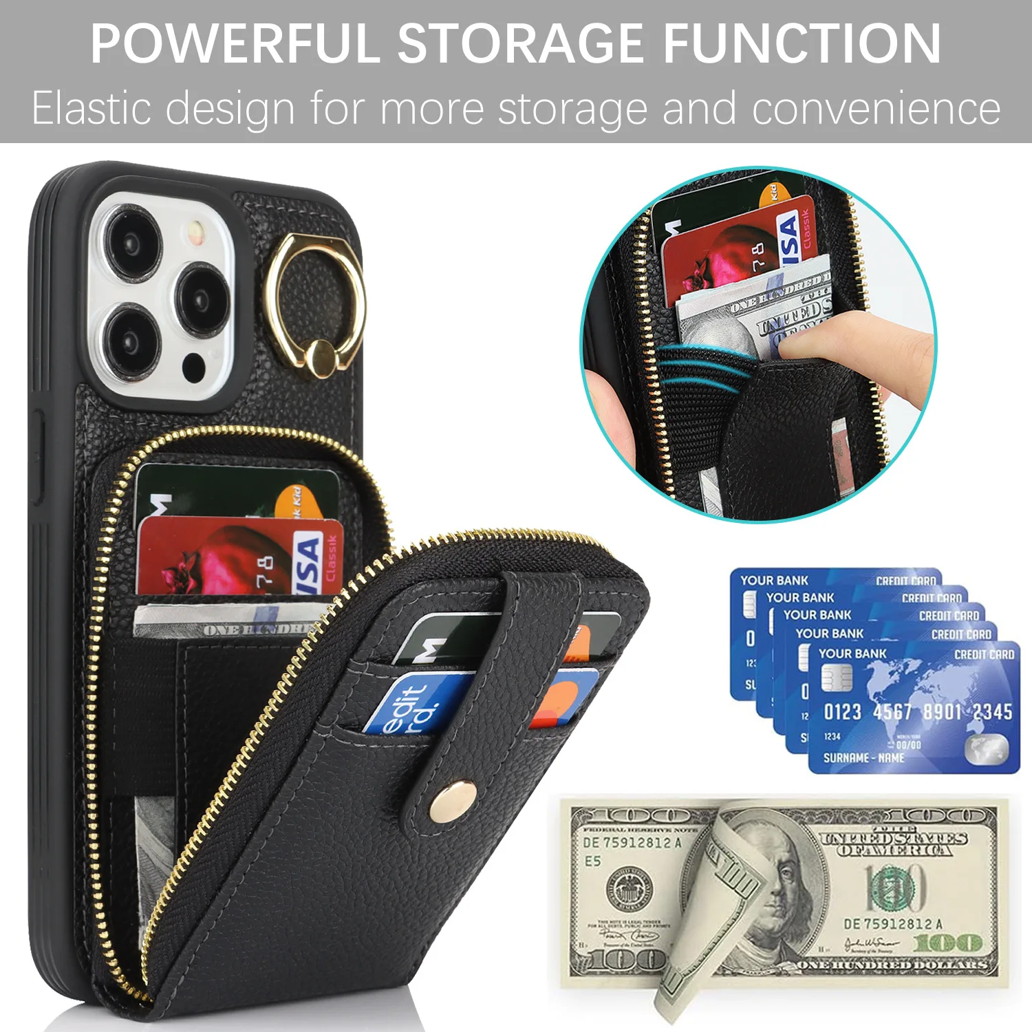 

Litchi Texture Leather Phone Case for IPhone 16 Pro Max 15 Plus 14 13 12 Pro 11 Ring Holder Large Capacity Card Zipper Wallet