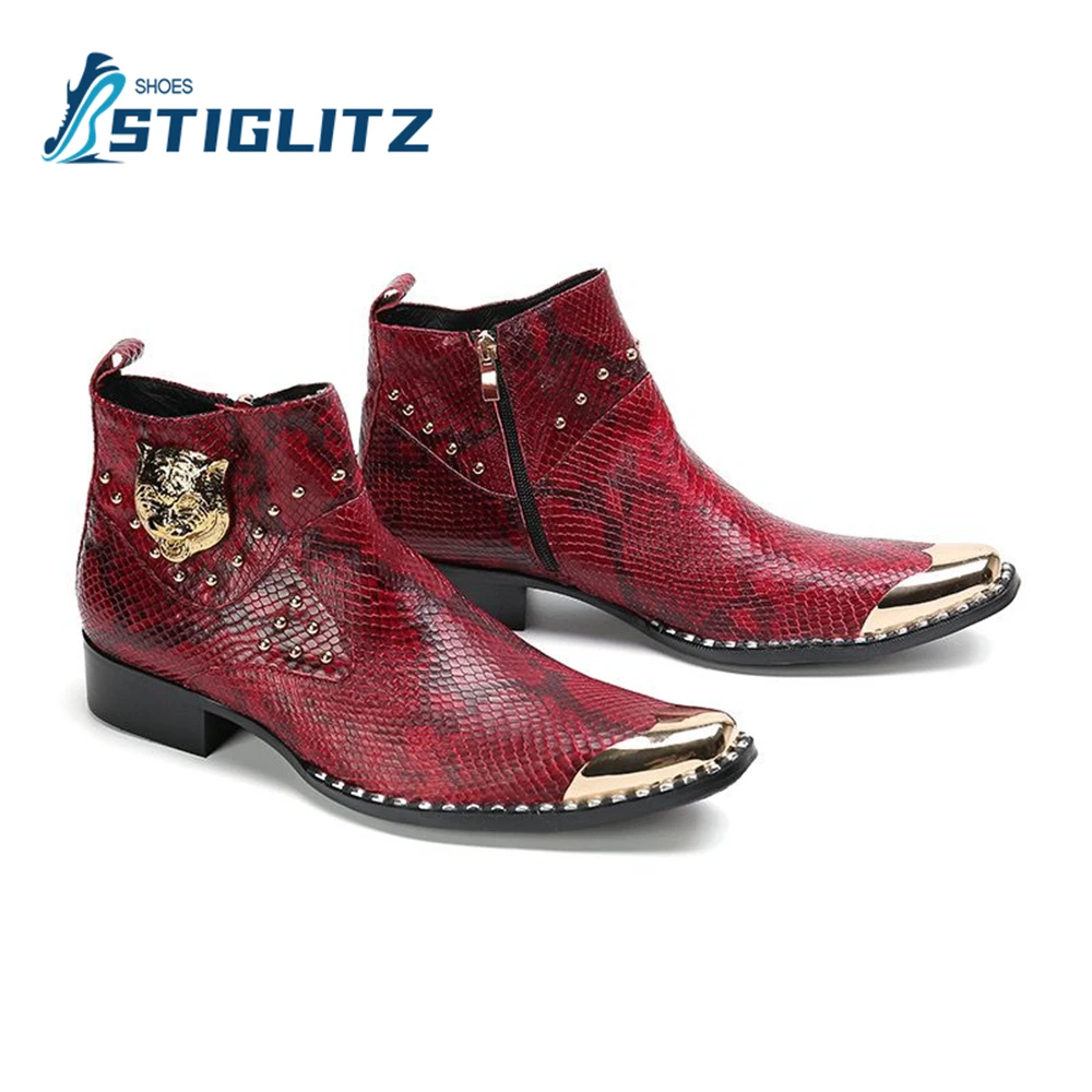 Solid Python Luxury Leather Boots Metal Iron Toe Rivets Tiger Head Fashion Men\'s Boots Men\'s Formal Genuine Leather Casual Shoes