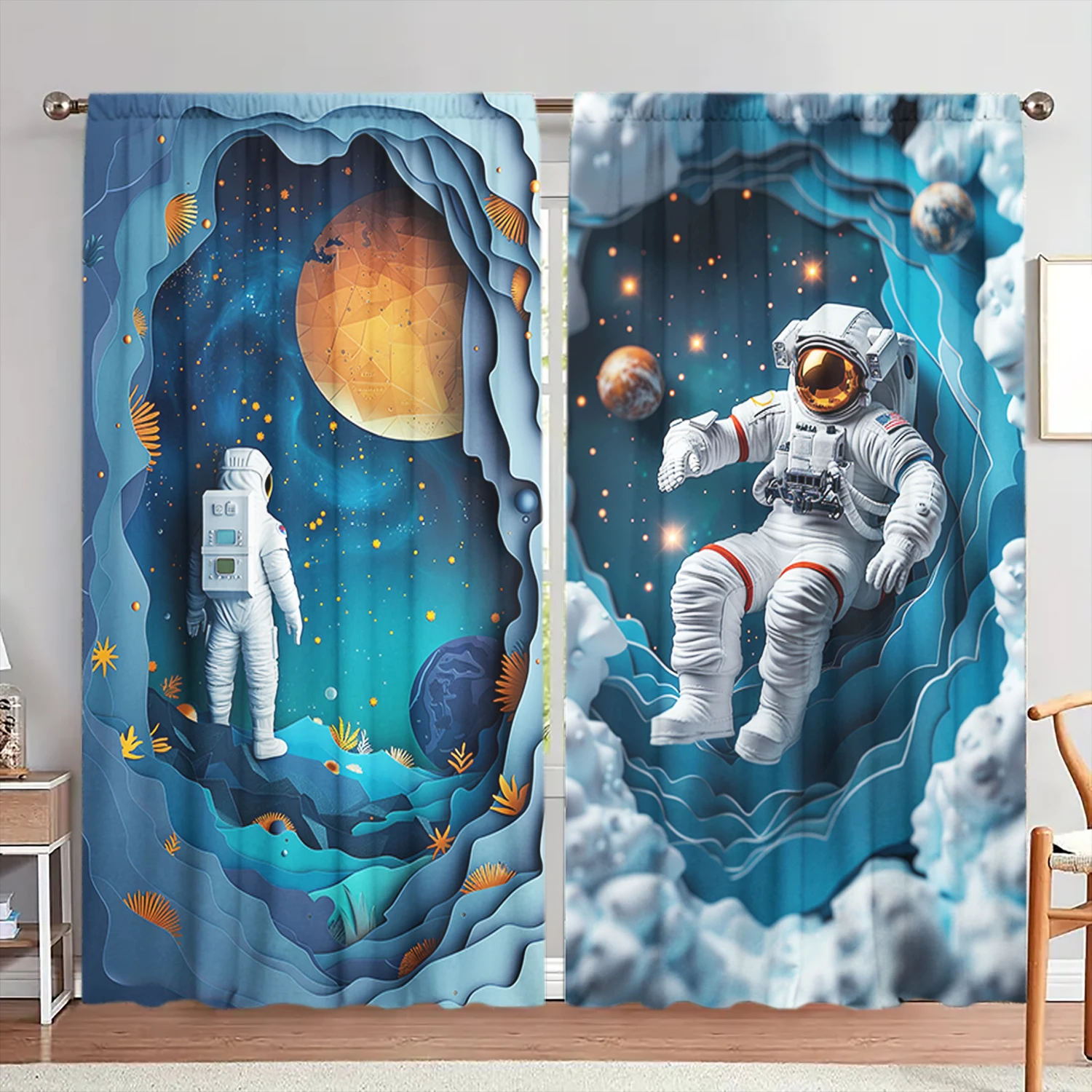 

2 шт. занавеска с принтом «Астронавт в космос» для домашнего декора — карман стержневым карманом для обработки окон для спальни, офиса, кухни, гостиной