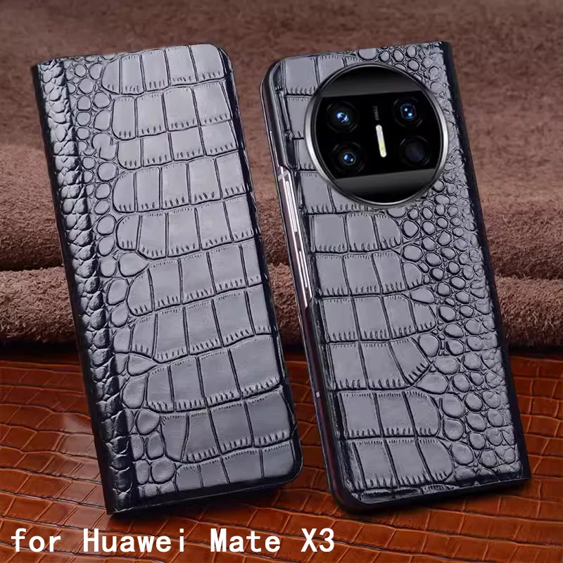 

Original Genuine Leather Magnetic Flip Phone Case for Huawei Mate X3 MateX3 Business Crocodile Alligator Grids Grain Full Cover