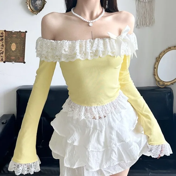 Sweet Lace Ruffles Patchwork Bow Tops Mujer 2025 Summer New T-shirt For Women Sexy Off Shoulder Long Sleeve Tee Shirt