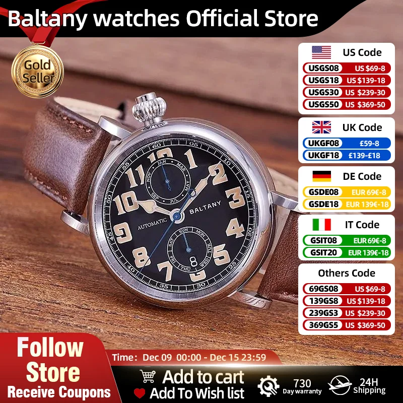 Type A7 1935 Avigating Homage Polit Watch S6047  Cockeyed Dial Complete Calendar 9122 Automatic 2024 Latest Vintage Wristwatch