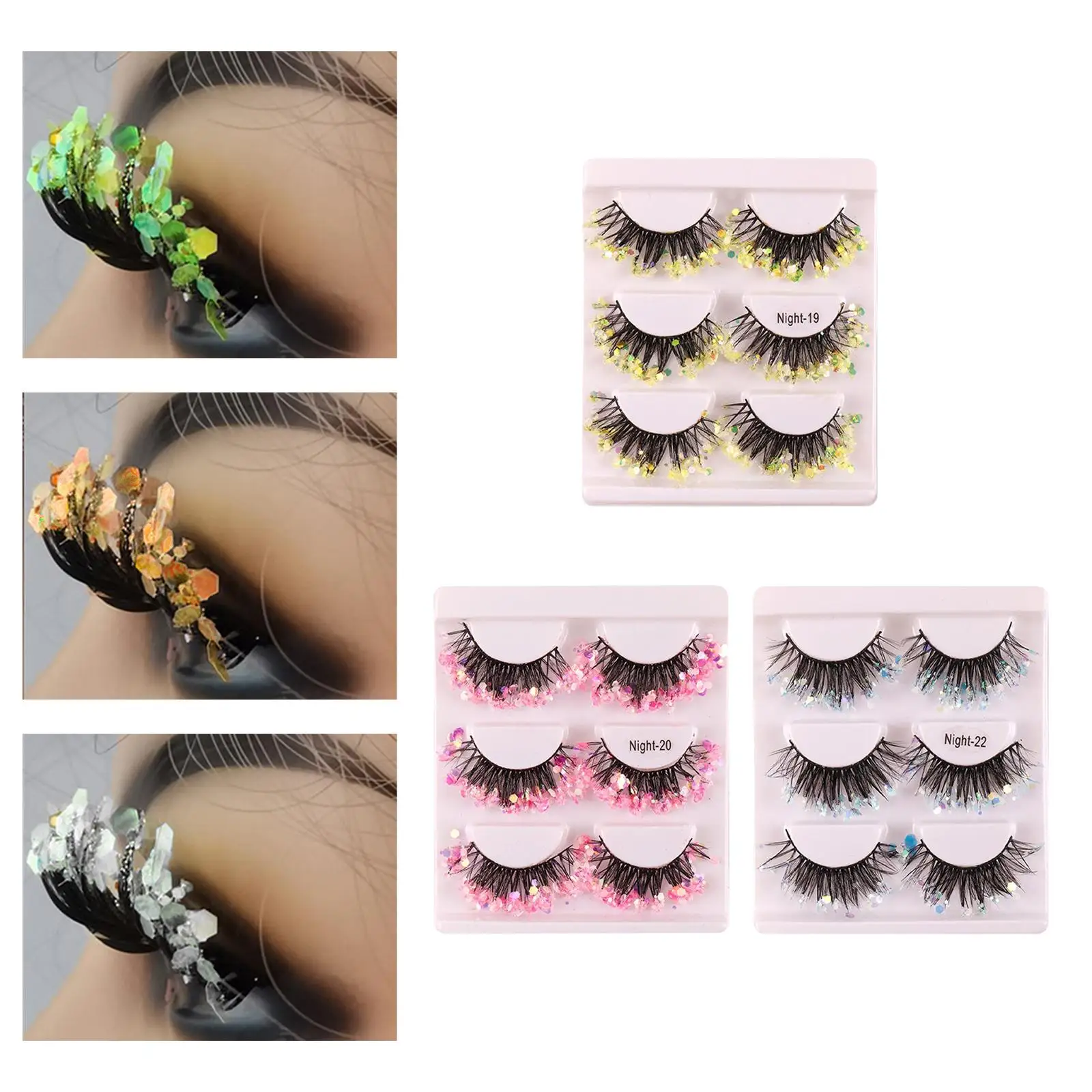 3 Pairs Luminous False Eyelashes, Decorative Makeup Glitter Eyelashes False