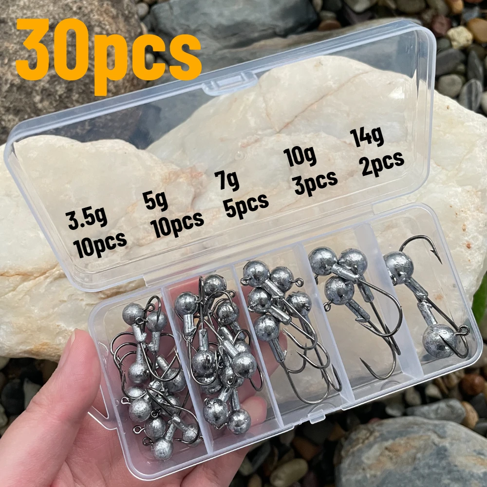 30-teiliges Kurbel-Jig-Kopf-Haken-Set, Blei-Jig-Kopf, scharfer Widerhaken für weiche Wurmköder, Bass, Forelle, Süßwasser, Salzwasser, Angelhaken