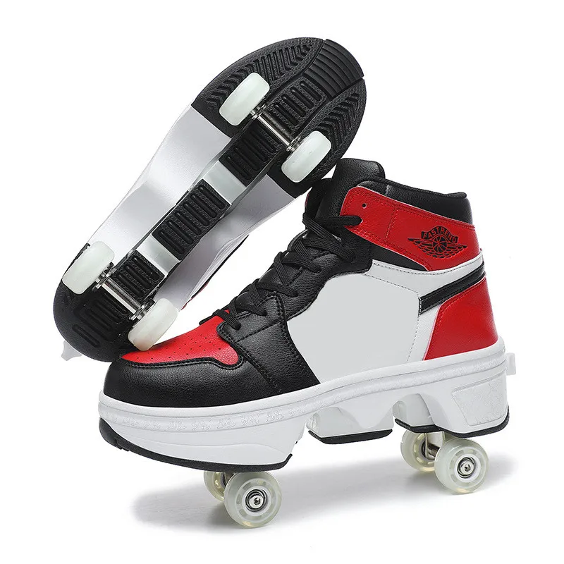 Deformação Roller Skates Sapatos para crianças, Tênis de corrida 4 rodas, Mulheres e Homens Parkour Roller Shoes