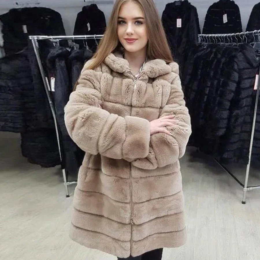 Manteau long à capuche pour femme, veste en fourrure de lapin Rex, pardessus de qualité, poignées, longueur amovible, mode