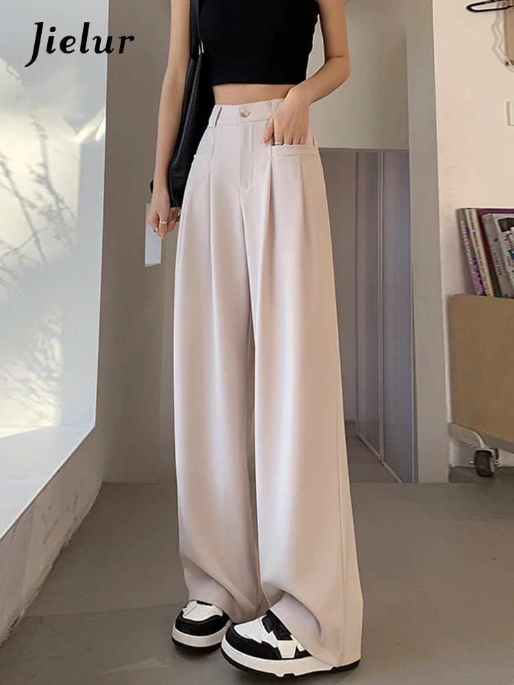 Jielur Loose Grey Fashion Pockets Trousers Lady Spring Summer High Waist Straight Long Pants Female Casual Wide Leg Pants Women