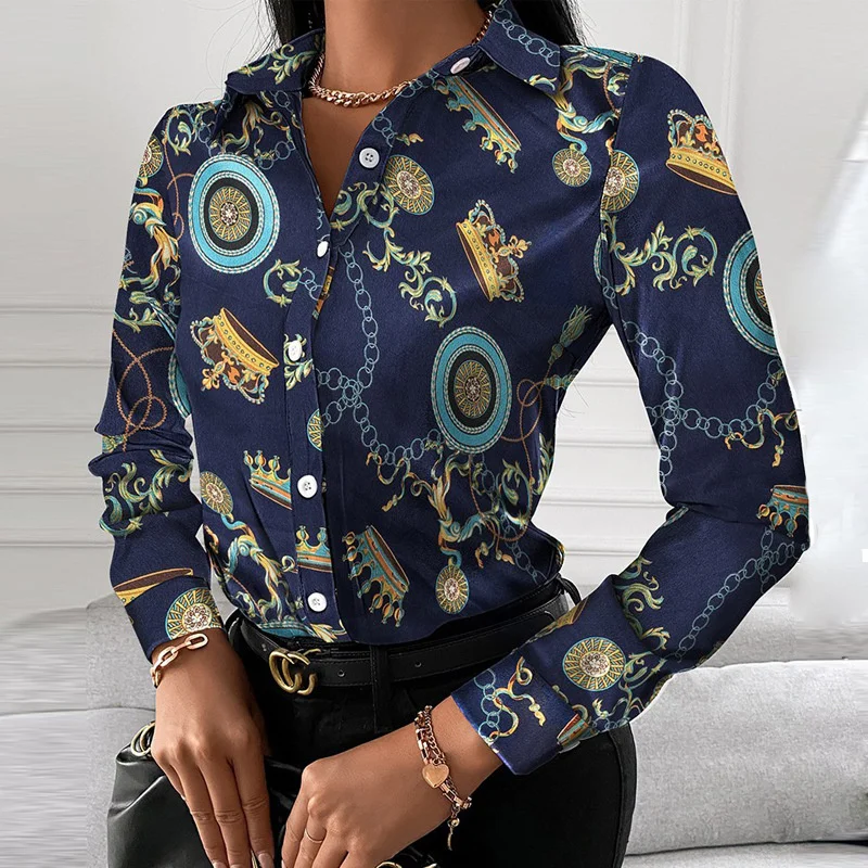 Women\'s Vintage Print Button Up Long Sleeve Shirt Harajuk Blouse Office Tops Casual Work Chic Shirts Y2k Tops Streetwear