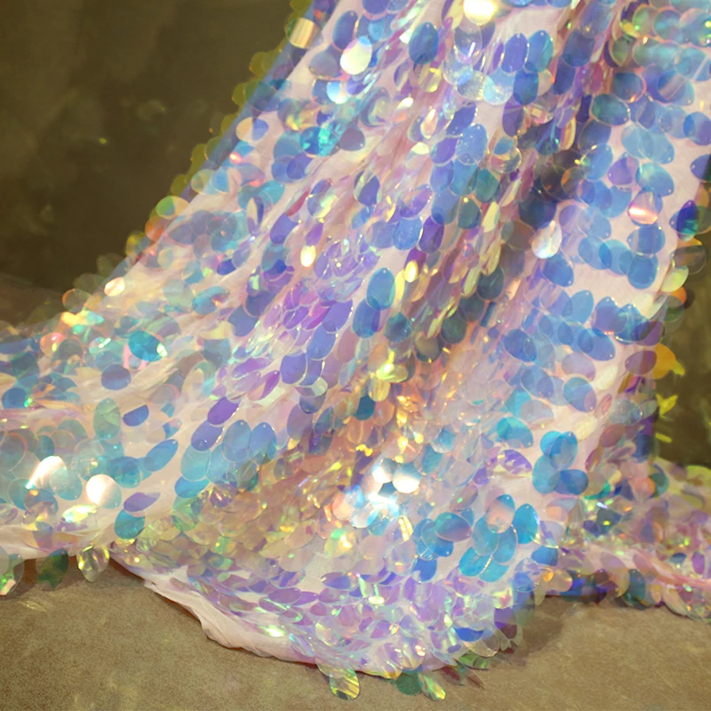 Creative Mermaid Scale Large Sequins Exaggerate Designer Fabric Laser Fantasy Mesh Dress Fabric