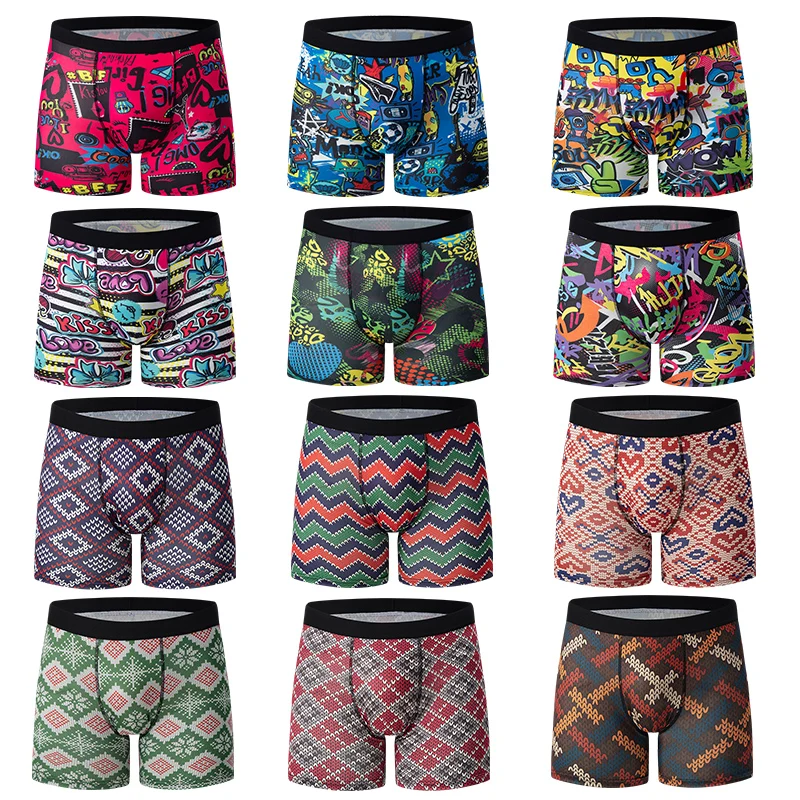 6-piece men\'s fashion printing long Boxer underwear comfortable plus size sexy shorts teenagers multicolor combination underwear