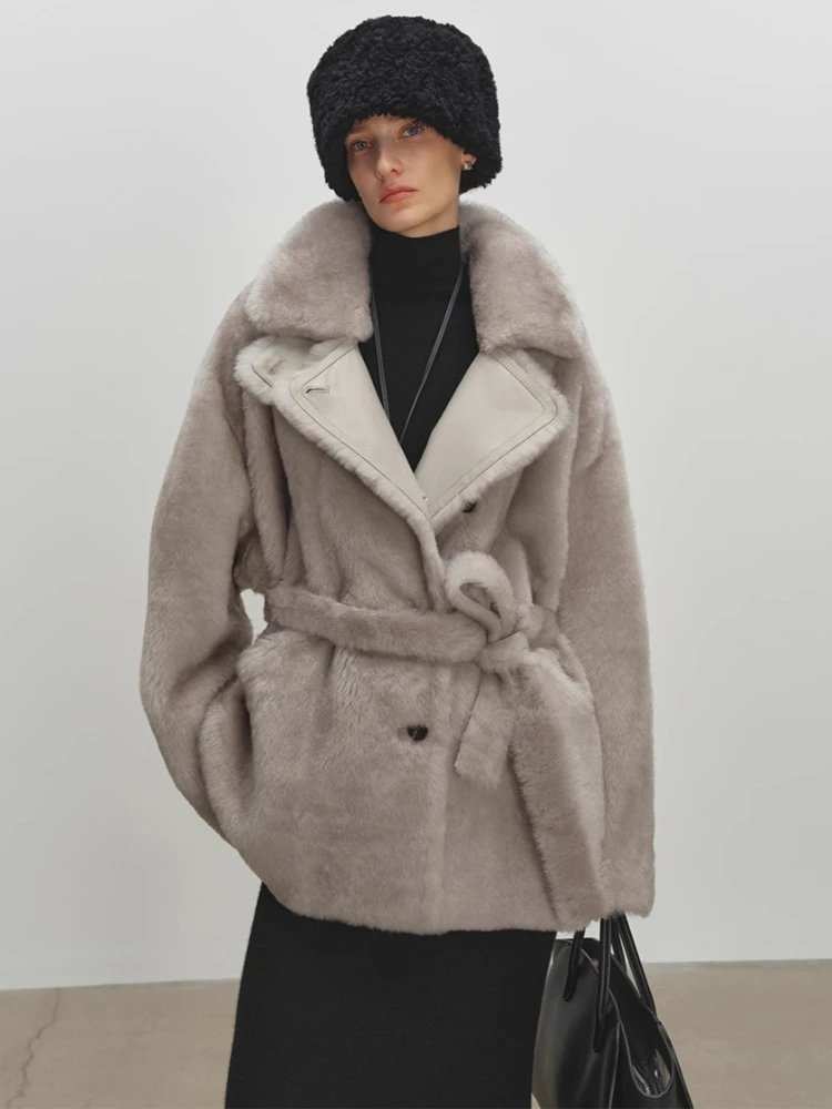 

High-end Luxury Merino Sheep Fur Shearling Jackets for Women Simple Fluffy Warm Winter Genuine Leather Real Fur Coat with Belt