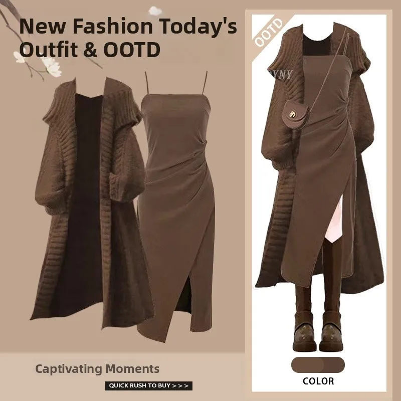 

Korean Style Women's Autumn Winter Long Sweater Coat Set with Strap Dress Two Piece Set Fashionable Casual Outfit Ensemble