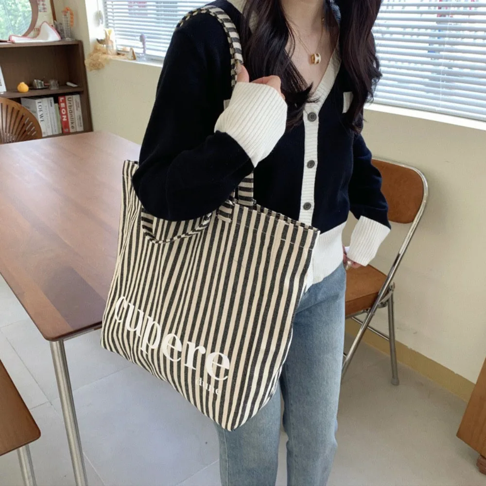 Large Capacity Striped Tote Bag Trendy Canvas Shoulder Bag Underarm Bag Daily Commuting Bag Handbag Travel Beach Bag