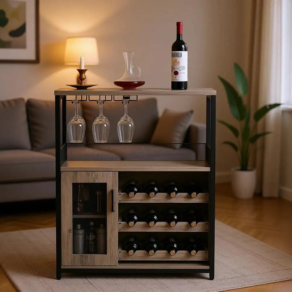 

Grey Detachable Wine Rack Cabinet with Glass Holder, Compact Sideboard & Mesh Door Buffet