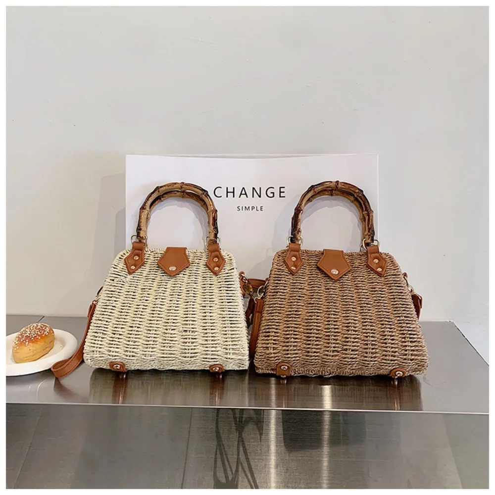 Elegant Vintage Bamboo Handle Rattan Straw Woven Bag Bohemian Crossbody Bag Outing Sling Bag Shoulder Bag