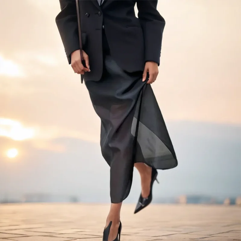 New Fashionable Versatile Black Mesh Skirt for Women Double-Layer Design Sheer High-Waisted Split Pencil Skirt