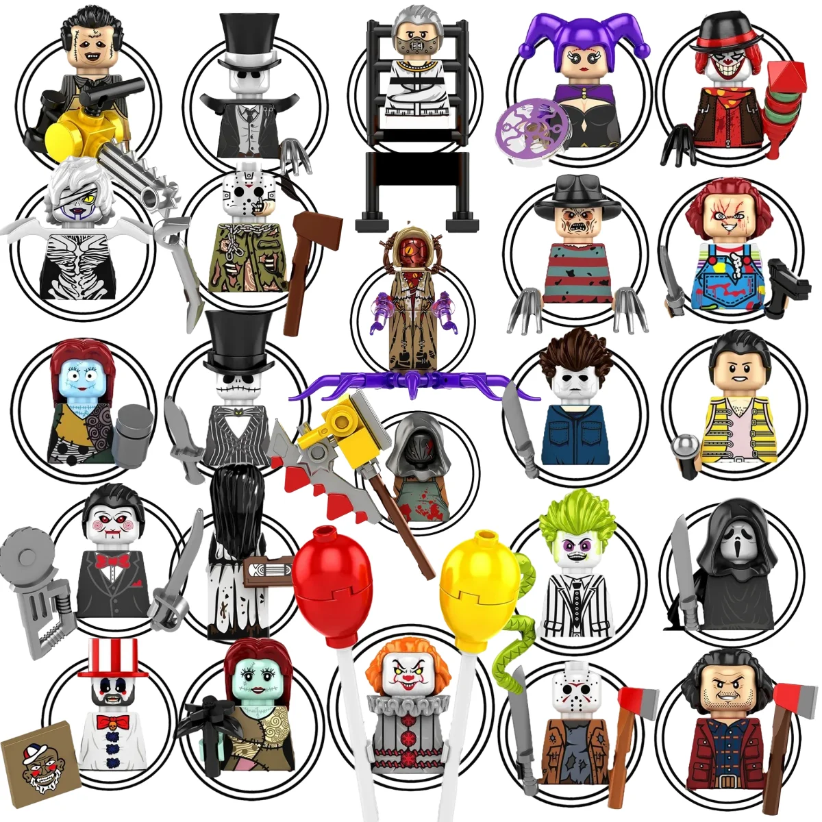 

Слепая коробка KF6173 KF6175 KF6176 Killer Klowns Мини-фигурка Классический ужас Триллер Фильм Строительный блок Модель Кукла Хэллоуин Игрушки