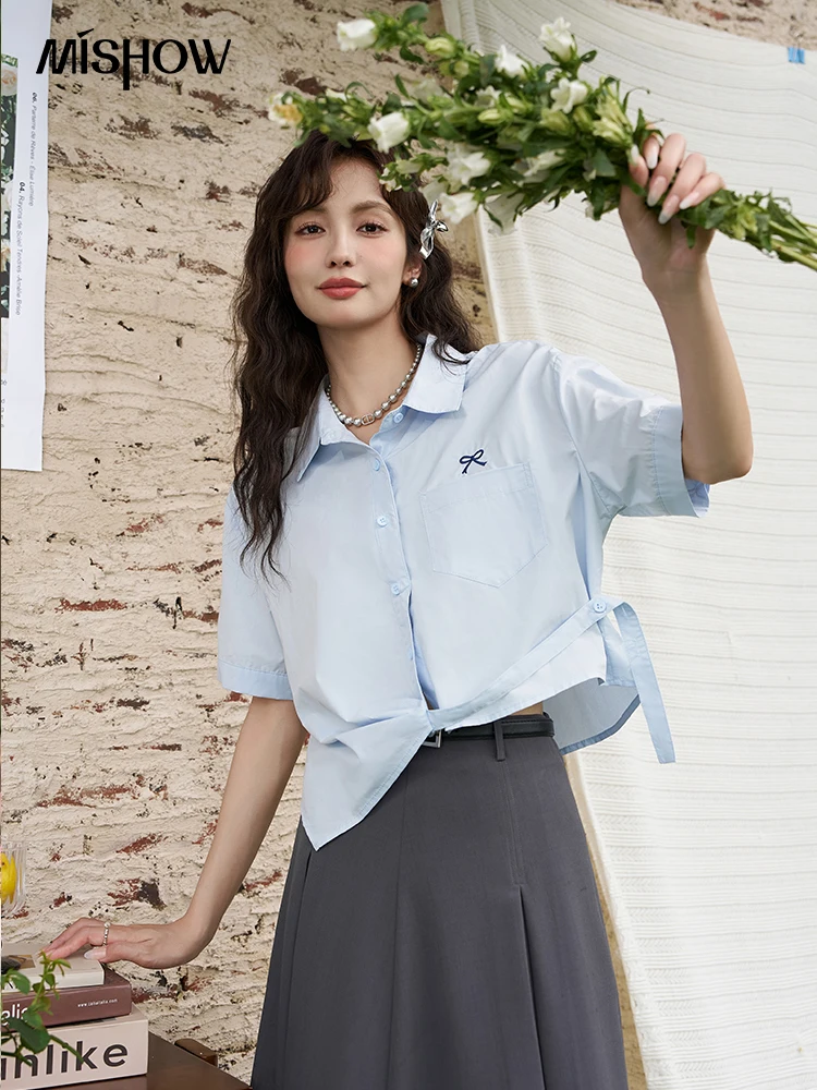 

MISHOW Same Color Bow Embroidered Shirt Summer 2025 Lapel Collar Asymmetric Hem 100 Cotton Casual Short Sleeved Top MXD23C0257