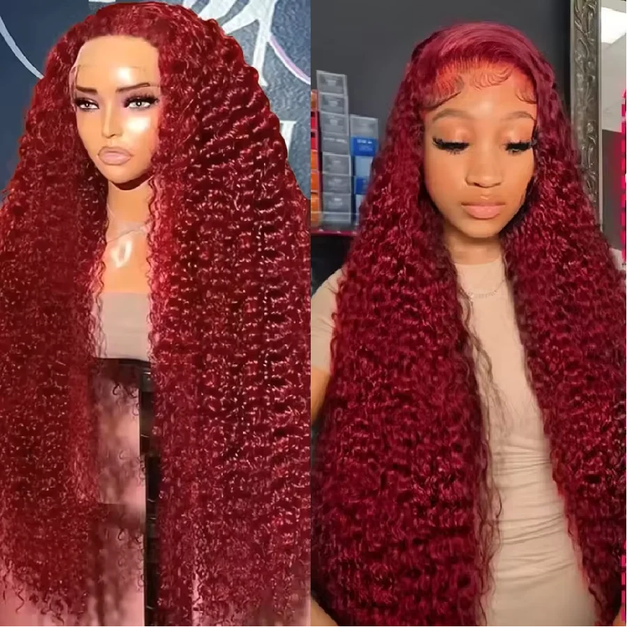 

Парик 99J Burgundy 13x6 HD Lace Frontal с водной волной, кудрявый, 13x4, из натуральных бразильских волос, предварительно пророщенный, окрашенный, для женщин