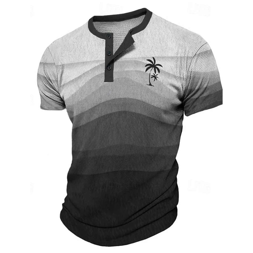 Men's T-Shirt Funny 3D Coconut Tree Print Henley Shirts Fashion Button Short Sleeve Tee Casual Loose Top Summer Gradient Clothes