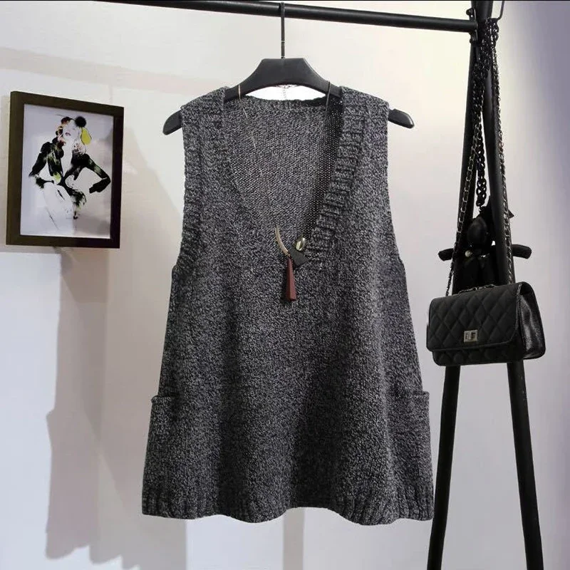 Vintage Knitted Vest Women Casual Big Pocket Sleeveless Sweater Waistcoat Plus Size Loose V-Neck Knittwear Tops Spring Fall E120