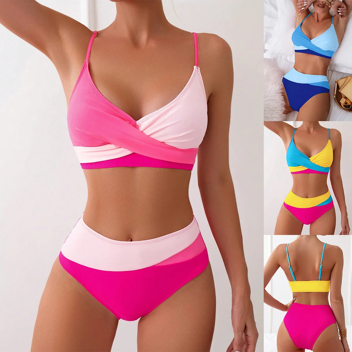 Color Block Criss Cross Bikini Set 2026Fashion Sexy Triangle Top & High Waist Bottom Quick Dry Swimwear Summer Holiday Beach Set