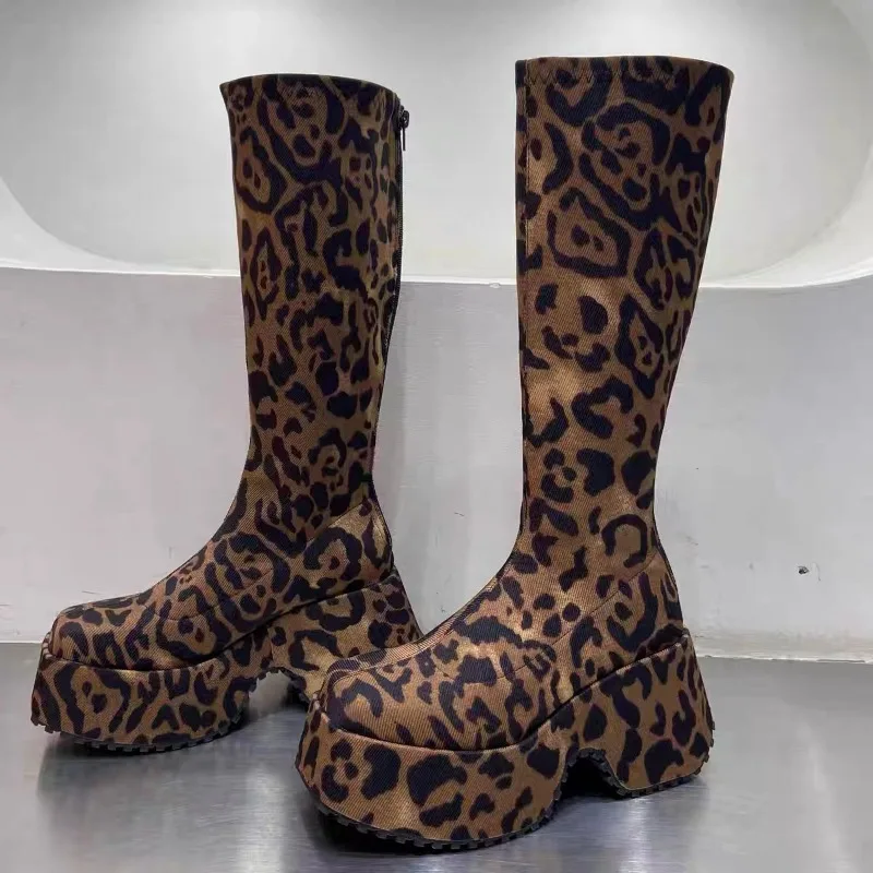 Botas gruesas con estampado de leopardo para mujer, botines hasta el muslo, con punta redonda y cremallera trasera, a la moda, novedad de invierno