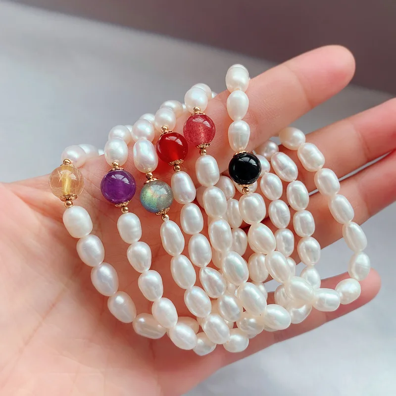 2026 New High Quality Pearl Strawberry Amethyst 14K Gold Filled Elastic Bracelet Minimalist Versatile Handmade Beads