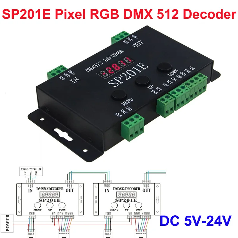 10WS2812B WS2811 DMX to SPI Controller Decoder, W/ 99 Color Modes, SP201E 5 Channel DMX 512 RGB WW Decoder Controller for SK6812