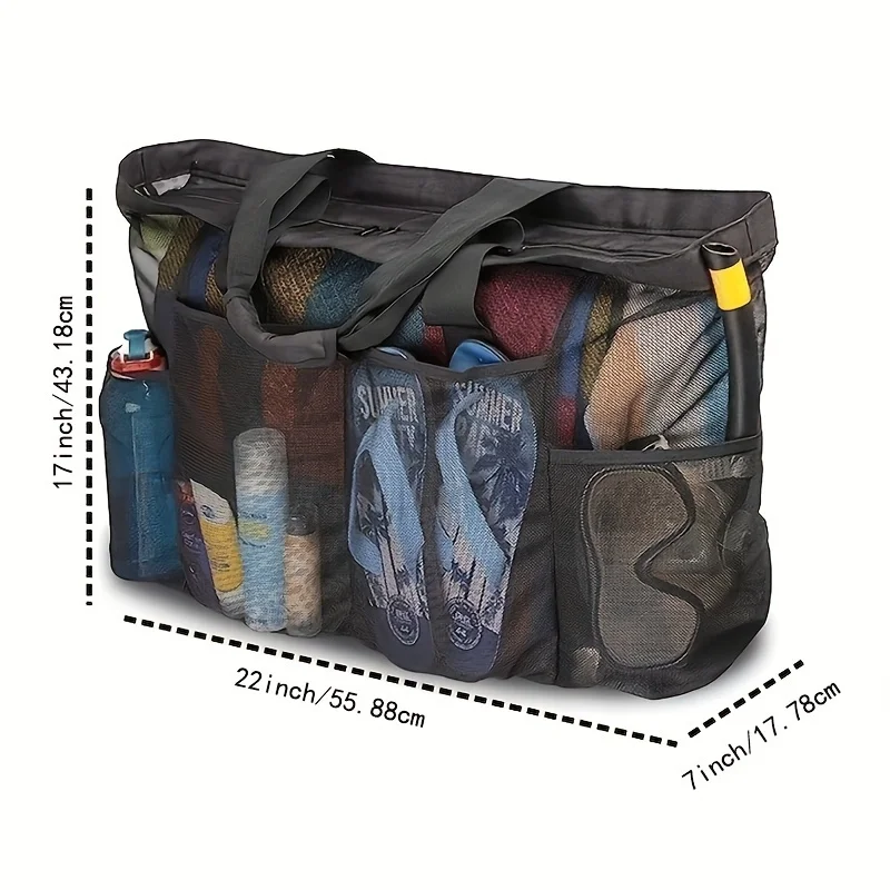 Extra Large Beach Bag - Lightweight, waterproof, foldable, with mesh straps, zippered pockets and fixed shoulder straps