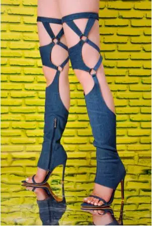 

Sexy Women Blue Hot Pink Satin Pointed Open Toe Hollow Over The Knee Sandals Boots Thin Heels Gladiator Straps Thigh Long Boots