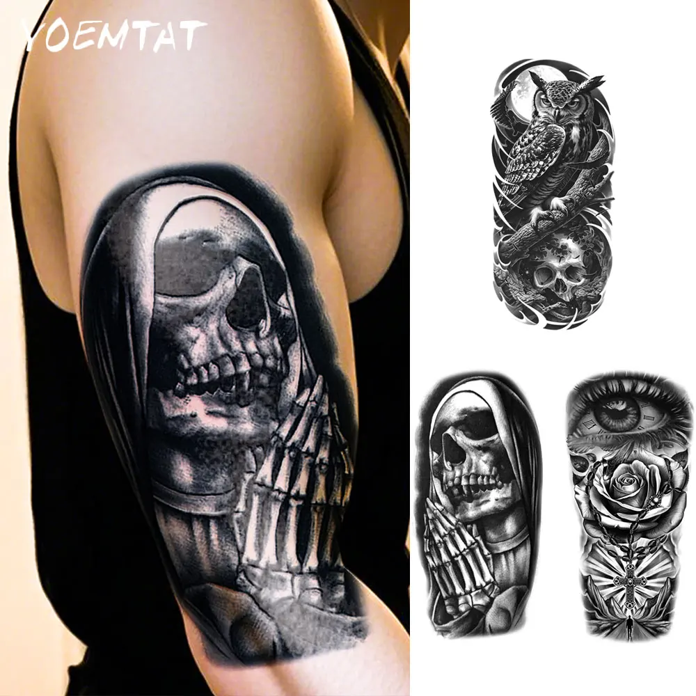 

Waterproof Temporary Tattoo Sticker Dark Style Skeleton Ghost King Owl Skull Moon Rose Body Art Arm Fake Tattoo Sleeve Women Men