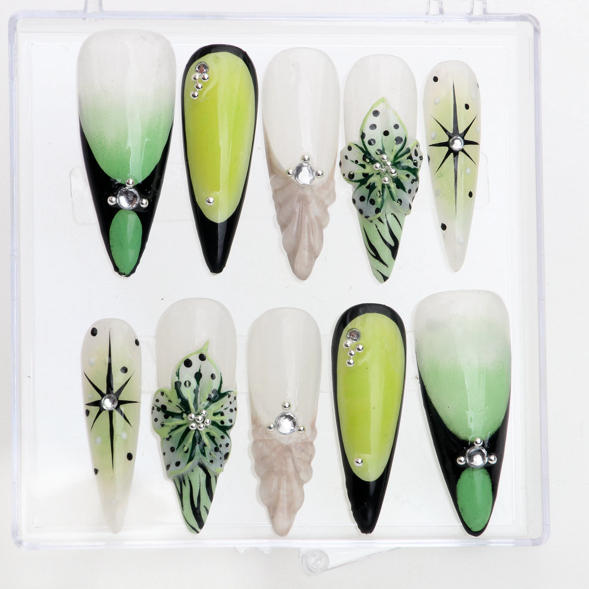 10Pcs Green 3D Floral Press Custom Almond Nail Handcrafted French Tip Long Stiletto Nails Free Style Christmas and Holiday Flor