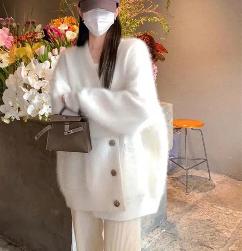 Oversized Autumn Winter White Imitation Mink Sweater Cardigan Women V Neck Single Breasted Pockets Mohair Knitted Loose Outwear
