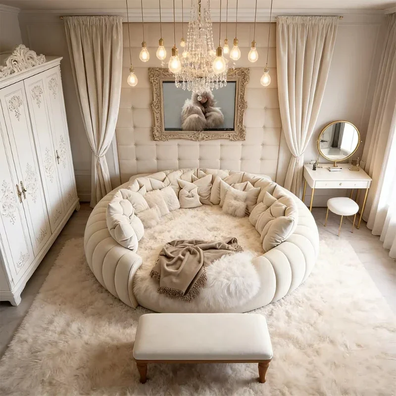 Modern Luxury Round Bed Soft Cream Fluffy Style King Size Wedding Princess Upholstered Furniture Master Bedroom Hotel