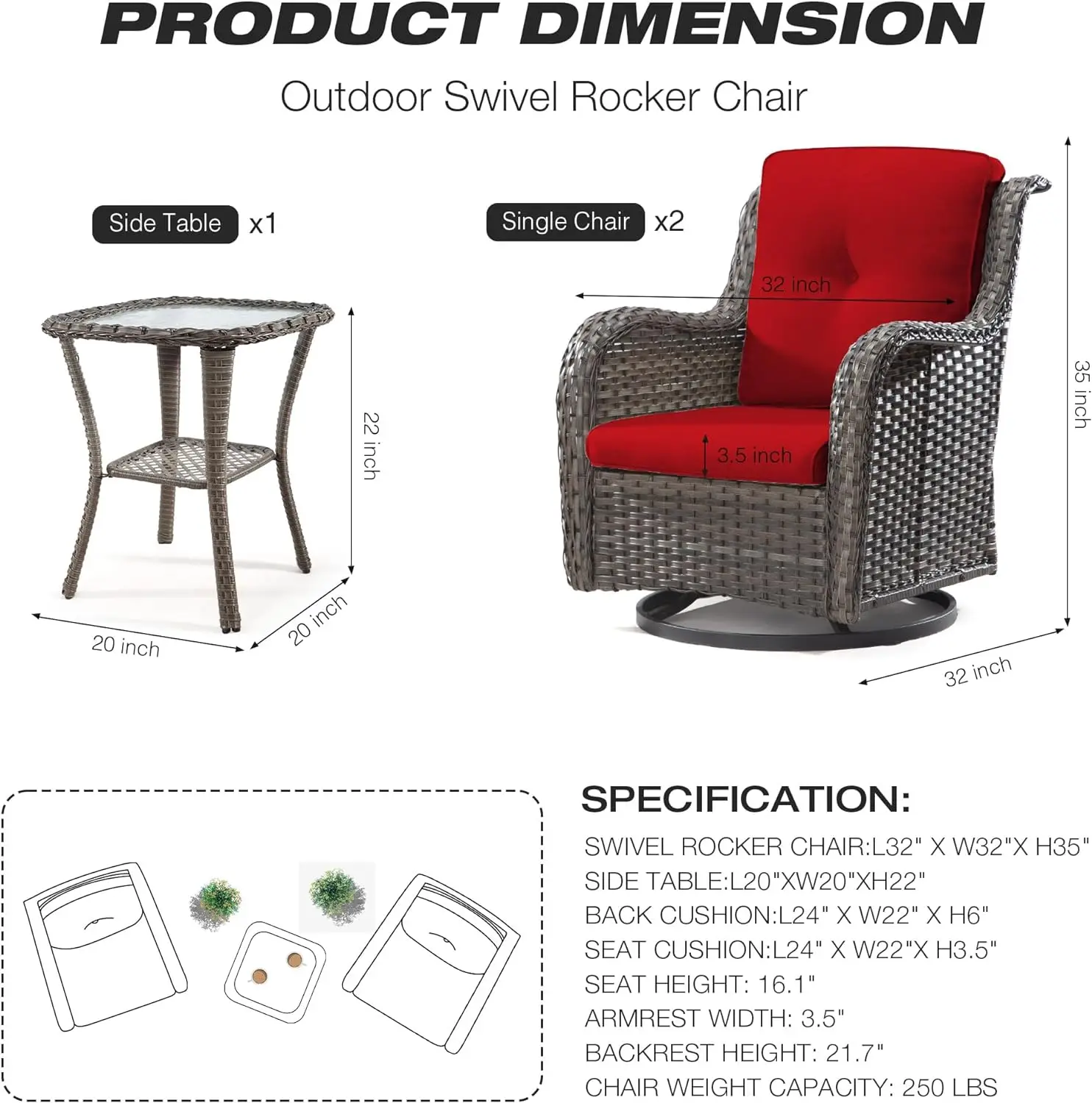 Outdoor Swivel Rocker Patio Cadeiras Set, Wicker Patio Bistro Set, Premium Fabric Cushions, 2 e Matching Side Table, 3 pcs