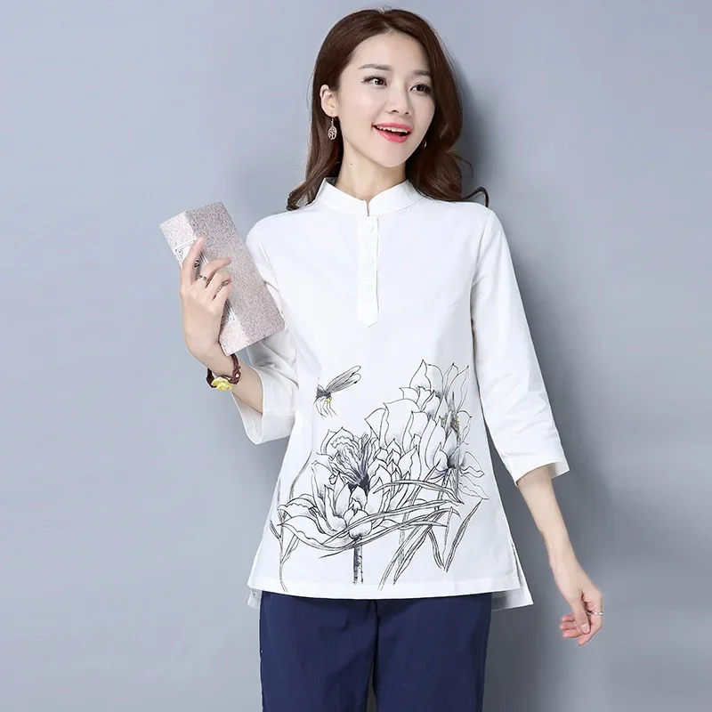 Ladies chinese Tops Blouse Cotton Linen Cheongsam Top Loose Large Size Tang Suit Blusas Style Clothing Women 12296