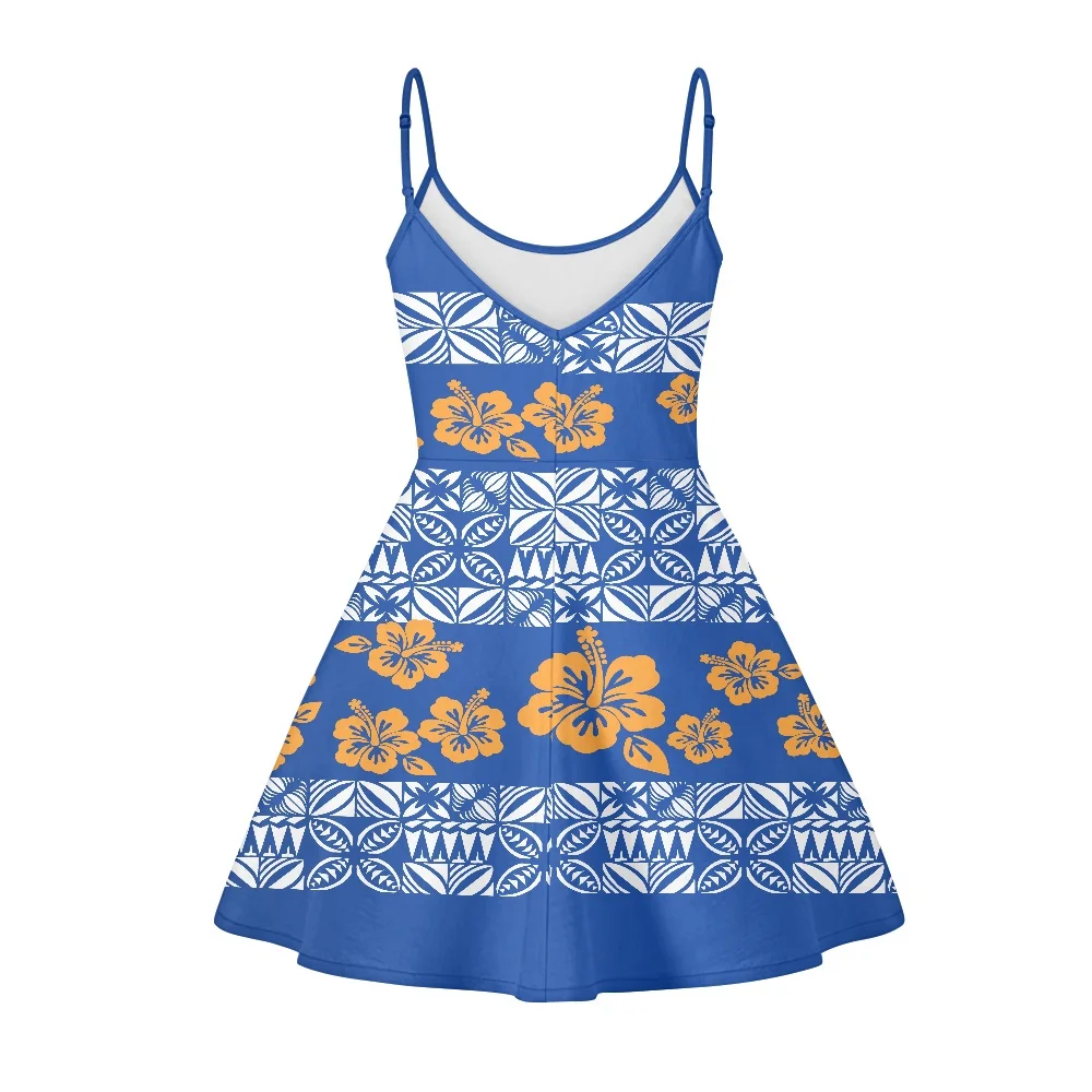 Summer Ladies Blue Mini Dress Sleeveless Slip Sexy Polynesian Tribal Clothing Samoa Fijian Tapa Hibiscus Flower For Women