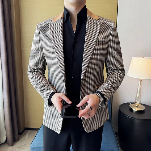 Luksusowa i modna męska marynarka garniturowa Marynarka biznesowa Slim Fit Lapel Plaid Dress GarniturŚlubny