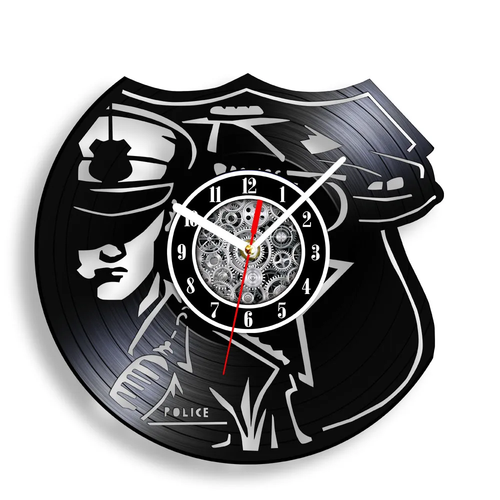 Police Officer Vinyl LP Record Wall Clock for Office Room Law Enforcement First Responder Artwork Retro Music Album Wall Clock