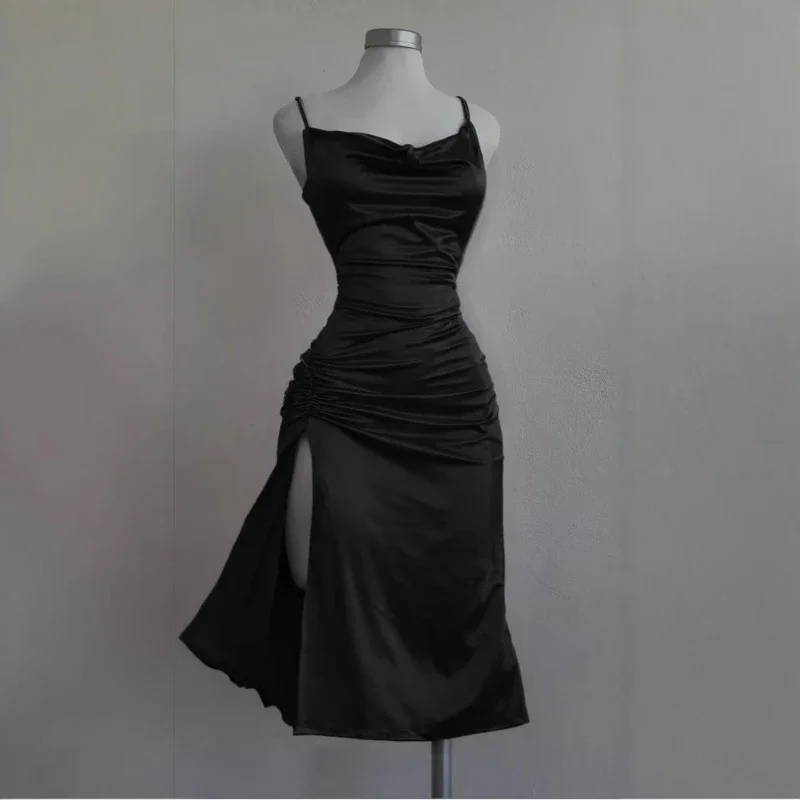 Nuevo vestido de noche de fiesta con tirantes para mujer moda Y2k sin espalda Color sólido Puckered Split Sexy sin mangas vestido ajustado a la cadera