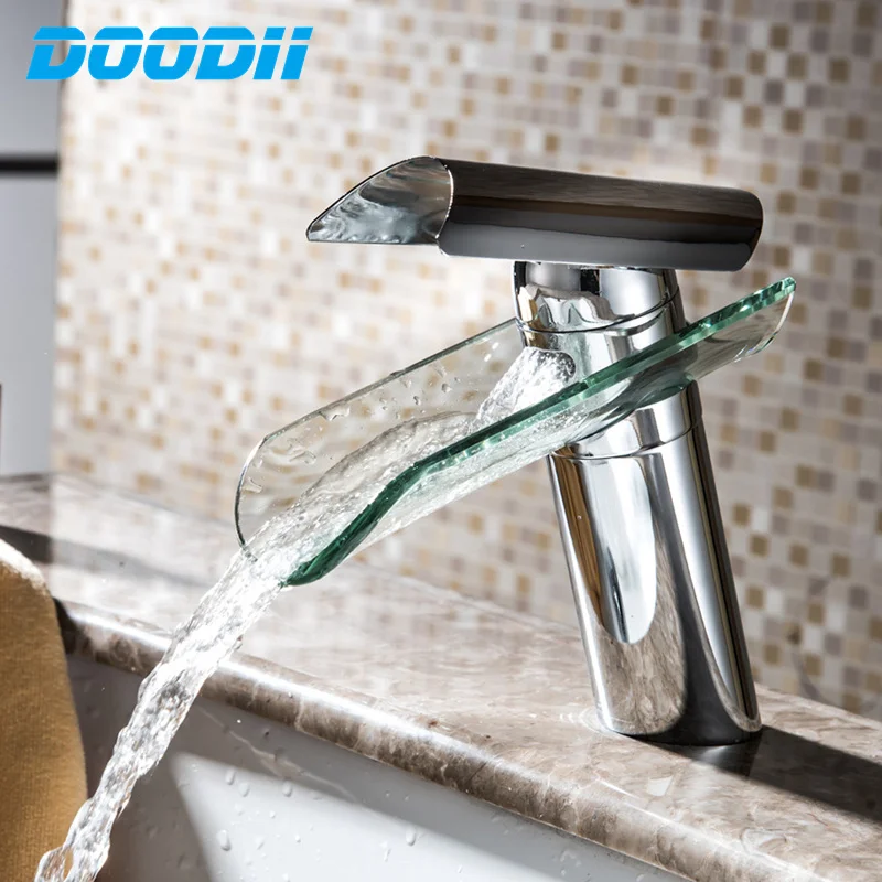 Doodii Waterfall Glass Faucet Deck Mounted Basin Sink Faucet Mixer Waterfall Brass Basin Faucet Bathroom Mixer