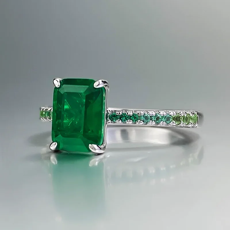 S925 Silver New Product Instagram Style Daily Simple and Versatile 6 * 8 Emerald Ring Women's gift Jewelry