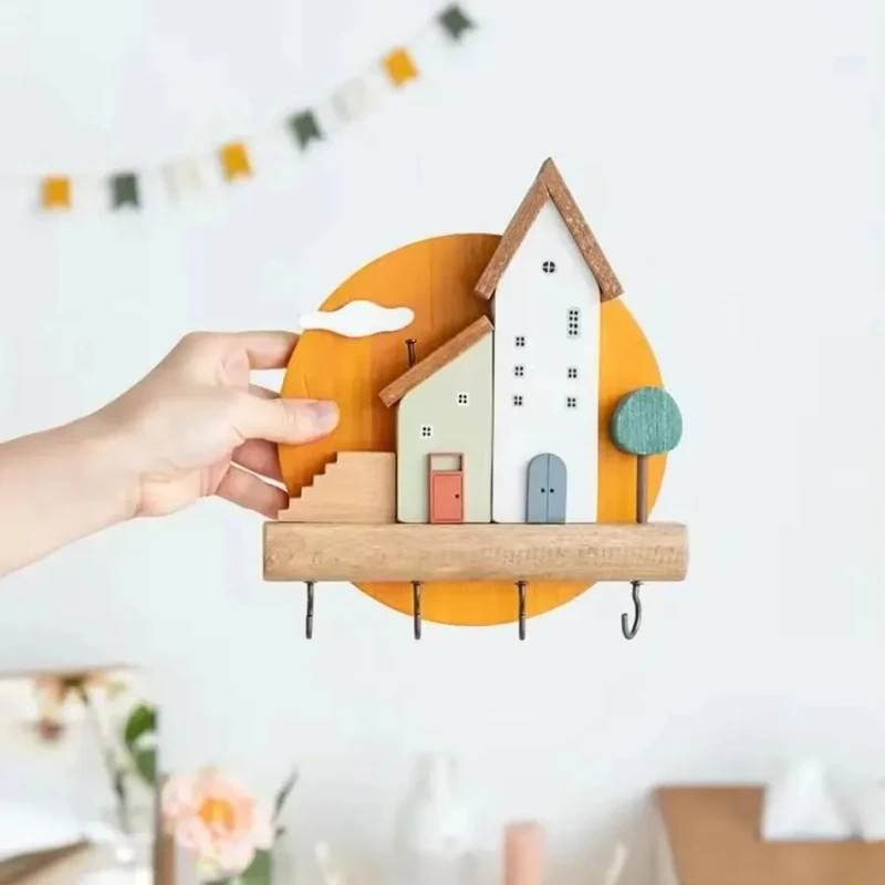 Creativity Keys Storage Holder Rack Cartoon Solid Wood Indoor Porch Wall Hanging Hat Bag Coat Hanger Home Decorative Hook 2