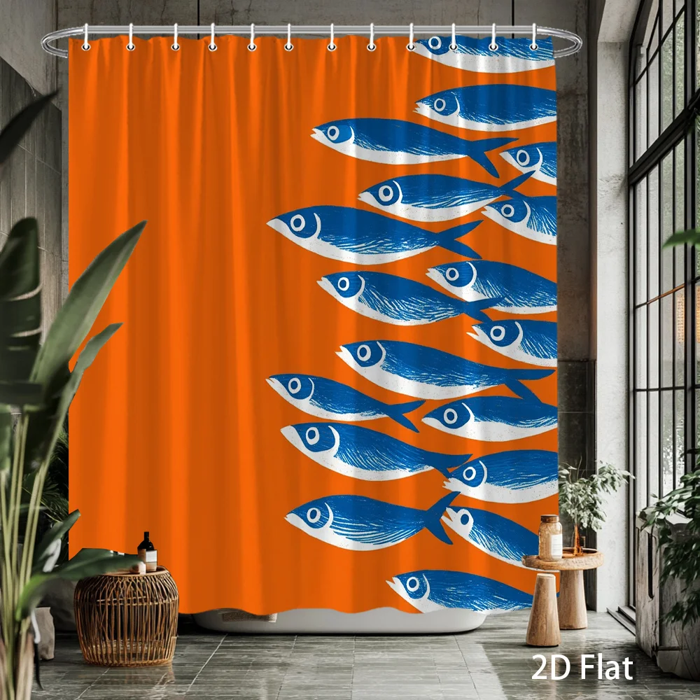 

Занавеска для душа Blue Fish School – оранжевый фон, 2D-принт, устойчивый к выцветанию полиэстер, 12 крючков, 70,8"x70,8"